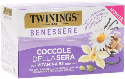 Twinings Benessere Coccole della Sera con Vitamina B3 - Infuso Aromatizzato Vaniglia, Camomilla, Radice di Cicoria e Spezie