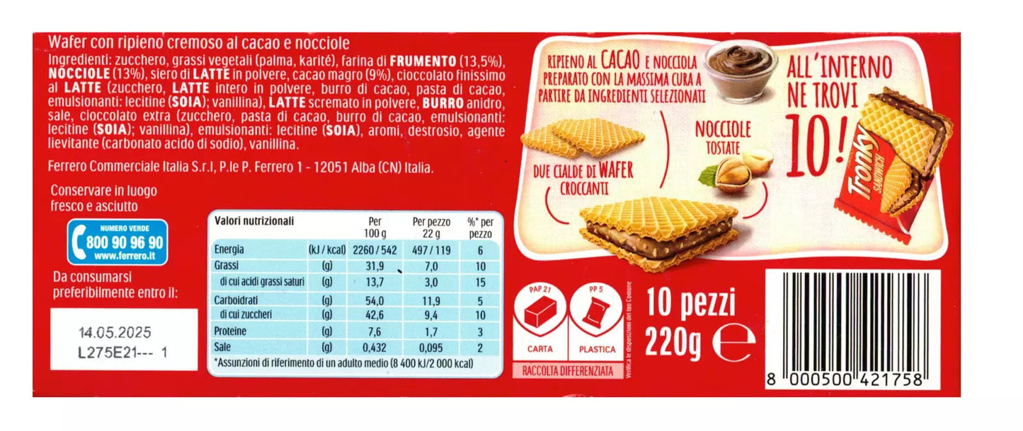 Ferrero Tronky Sandwich - Croccante Wafer con Ripieno al Cacao e Nocciole - Confezione da 10 Pezzi