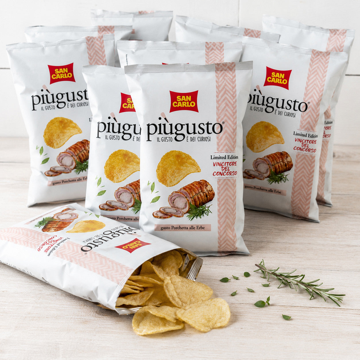 San Carlo Piùgusto 50 gr - Patatine Gusto Porchetta alle Erbe Limited Edition (10 pacchi)