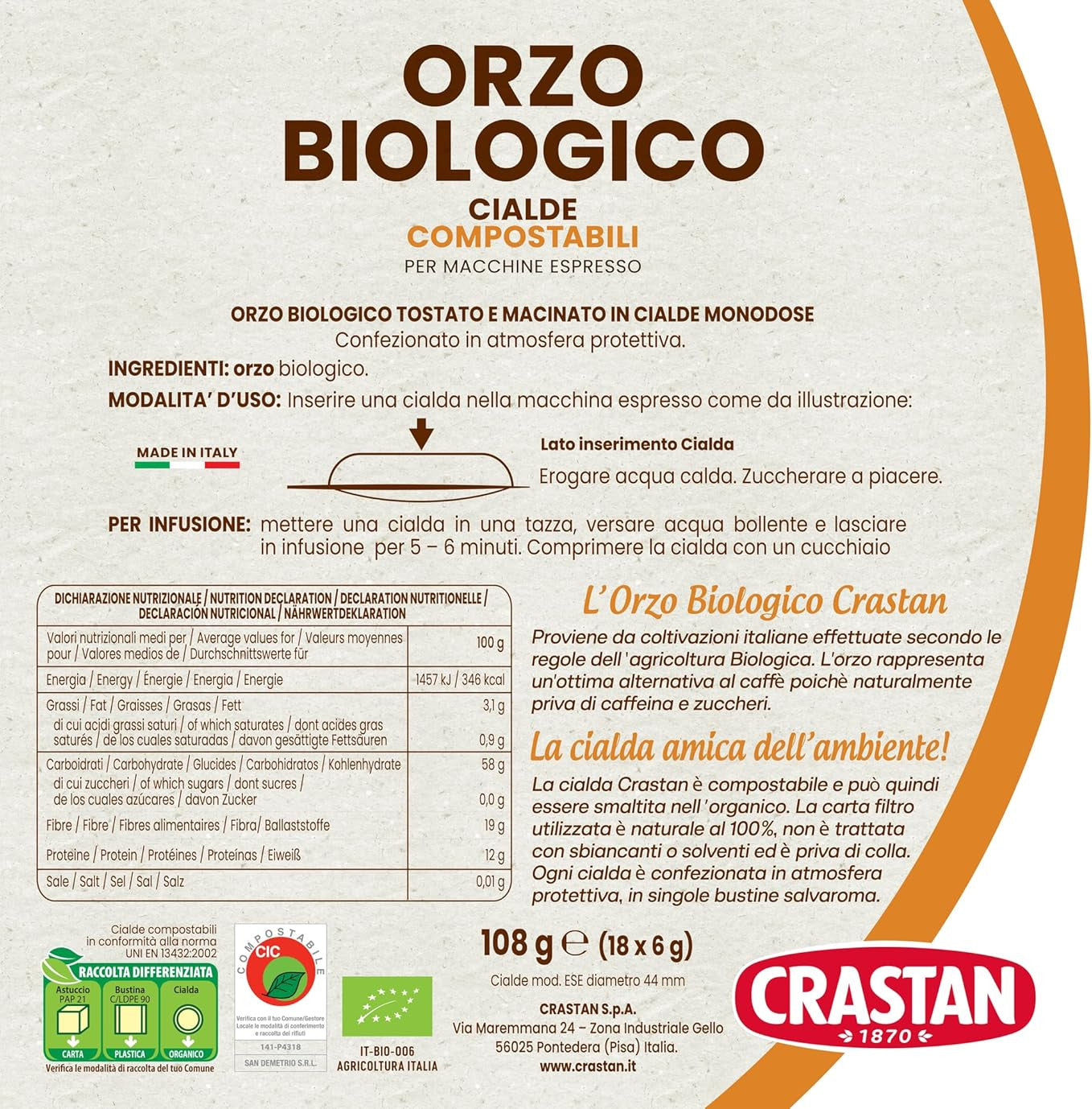 Crastan Orzo Biologico in Cialde Compostabili - Confezione da 18 Cialde