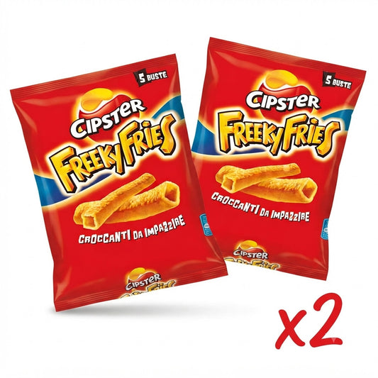 Set di 2 confezioni di snack Cipster Freeky Fries, ciascuna con 5 buste, su sfondo neutro