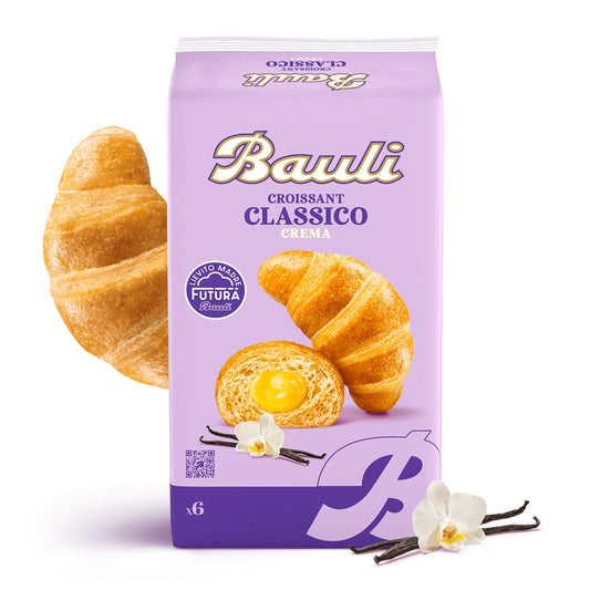 Confezione da 6 Croissant Bauli Classico ripieni alla crema su sfondo chiaro