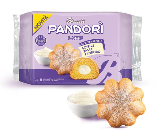Confezione di Pandorì Bauli al Latte e singolo dolcetto ripieno su sfondo chiaro