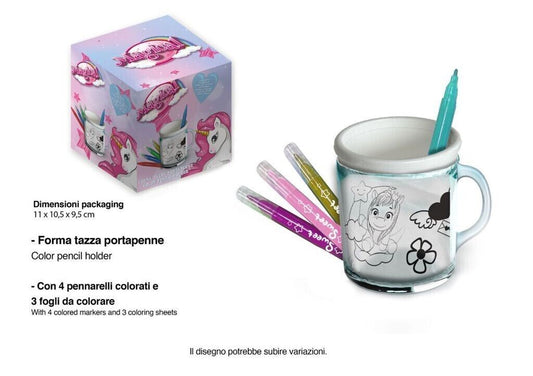 Tazza Portapenne Creativa Unicorno da Colorare con 4 Pennarelli e 3 Fogli