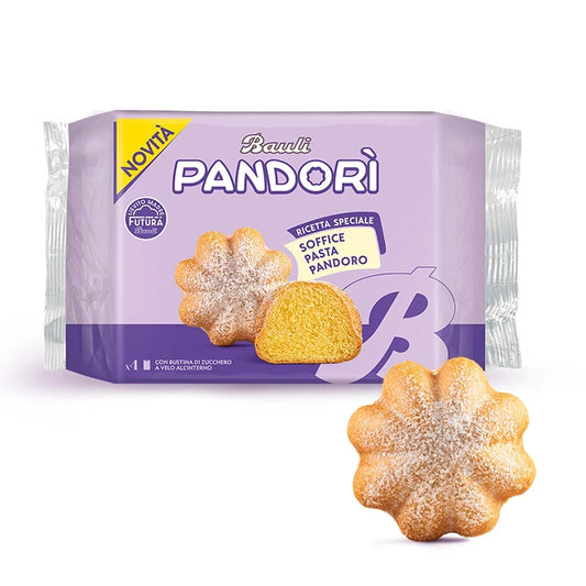 Confezione di Pandorì Bauli Classici e singolo dolcetto soffice su sfondo chiaro