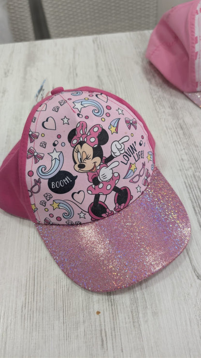 Disney Minnie Mouse - Cappellino 52cm con Visiera Rosa Glitterato e Grafica All-Over