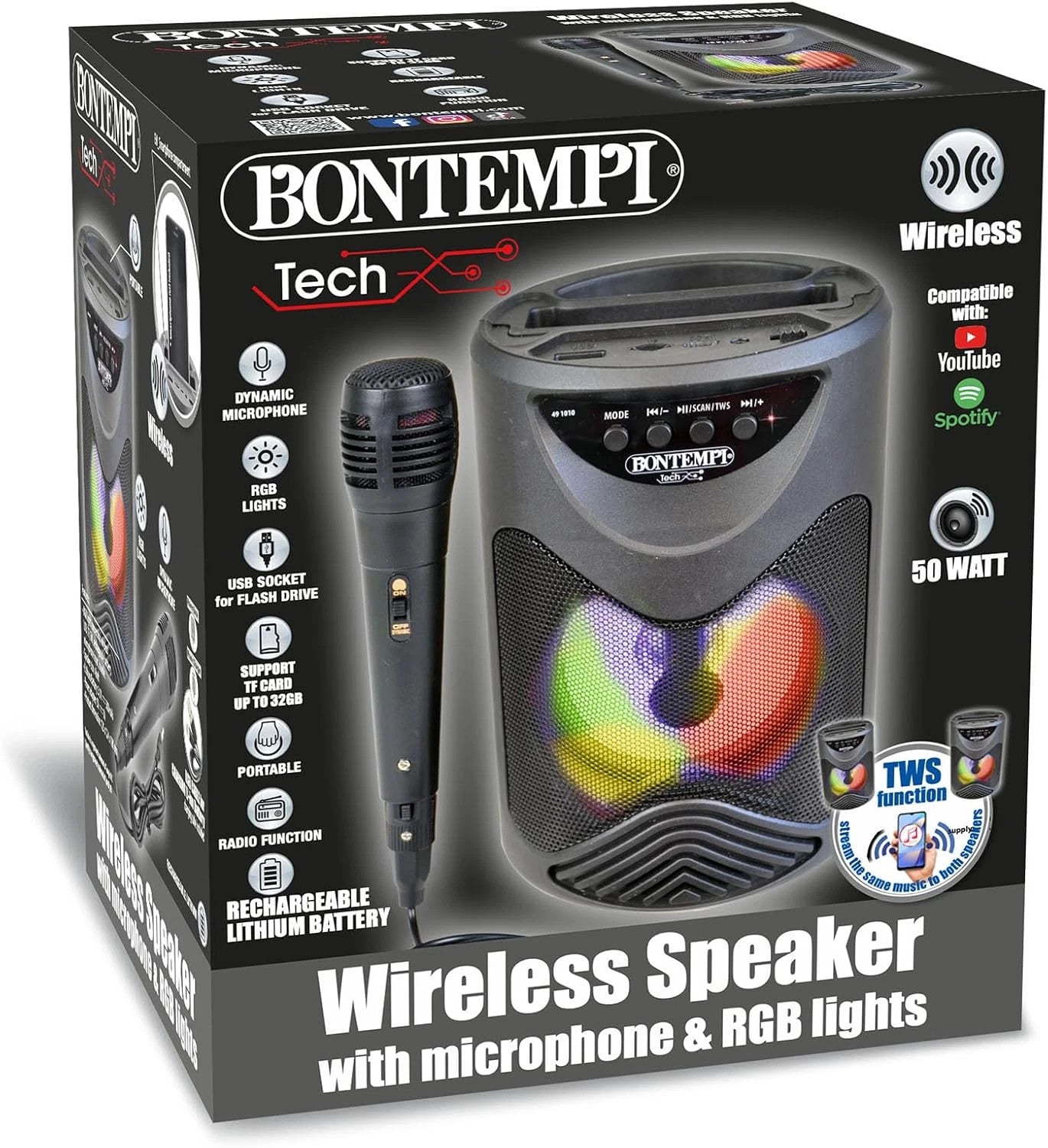 Bontempi Tech Wireless Speaker con Microfono e Luci RGB