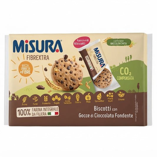 Confezione di biscotti Misura Fibrextra con gocce di cioccolato fondente, mostrata insieme a un biscotto singolo e una monoporzione su sfondo neutro