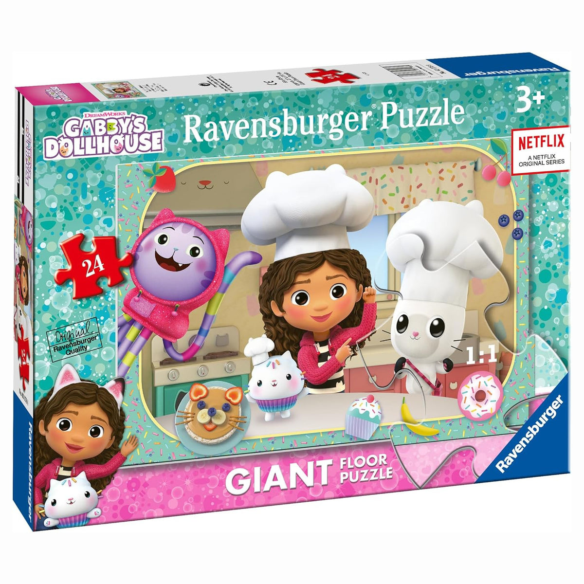 Confezione del puzzle gigante da pavimento Ravensburger di Gabby's Dollhouse da 24 pezzi con Gabby, i gattini e dolcetti su sfondo turchese e rosa.