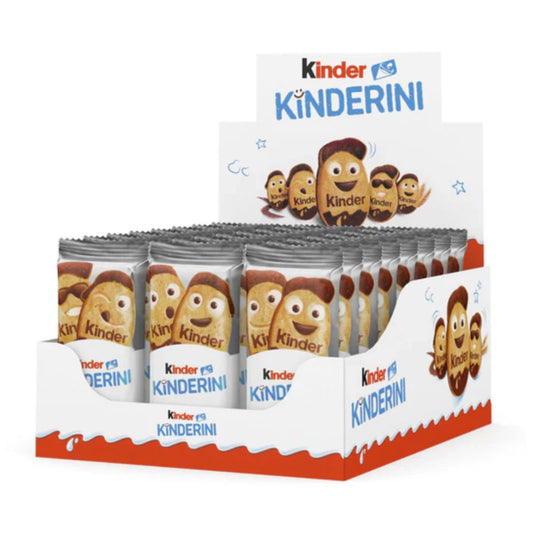 Espositore di confezioni di biscotti Kinder Kinderini con i biscotti caratterizzati da espressioni simpatiche, su sfondo neutro