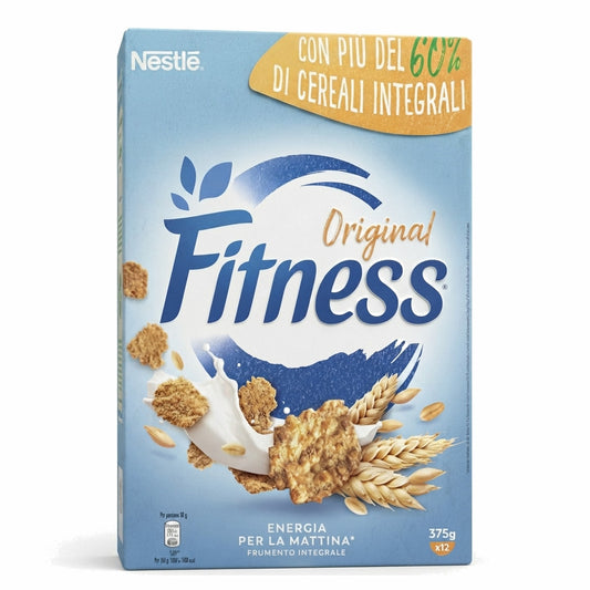 Confezione di cereali Nestlé Fitness Original (375g), mostrata con fiocchi di cereali e latte in movimento su sfondo neutro
