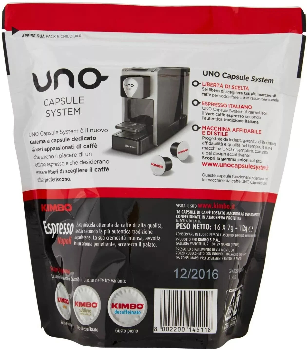 Kimbo Espresso Napoli Capsule Sistema Uno Capsule System - Confezione da 16 Capsule (7g)