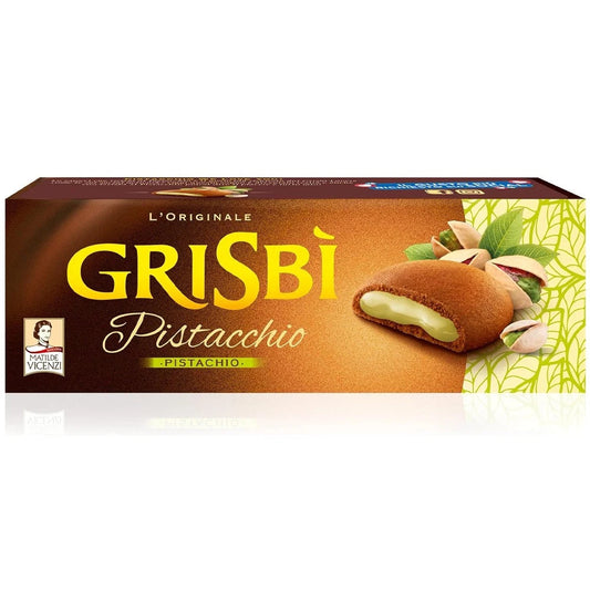 Confezione di biscotti Grisbì al pistacchio Matilde Vicenzi con biscotto aperto mostrante la crema, su sfondo neutro