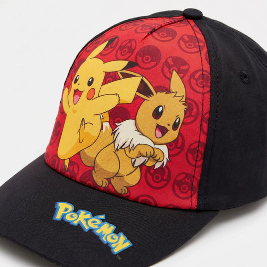 Pokémon - Cappellino 55cm con Visiera Nero e Rosso a Tema Pikachu ed Eevee