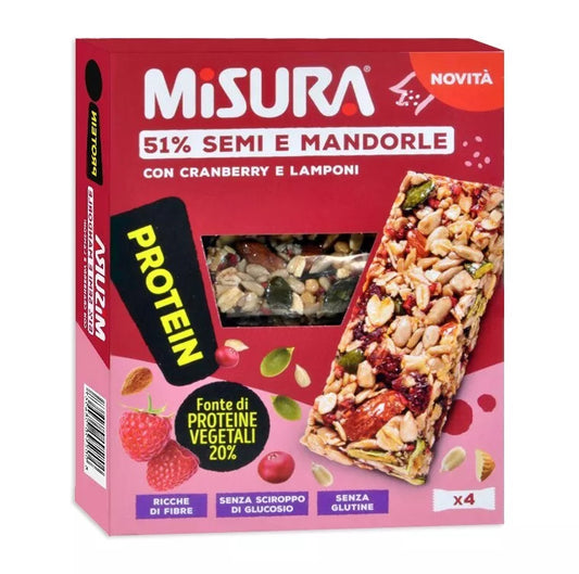 Confezione di barrette Misura Protein 51% Semi e Mandorle con cranberry e lamponi, mostrata con una barretta e ingredienti su sfondo neutro