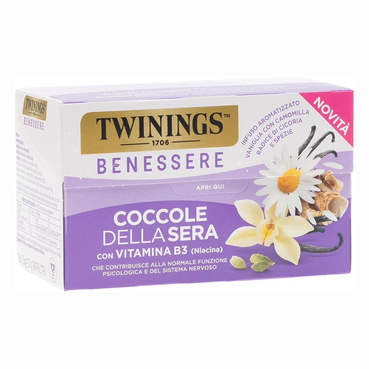 Twinings Benessere Coccole della Sera con Vitamina B3 - Infuso Aromatizzato Vaniglia, Camomilla, Radice di Cicoria e Spezie