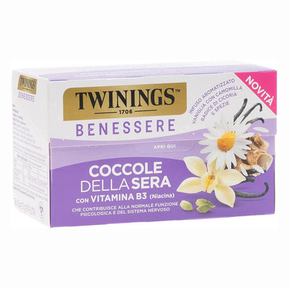 Twinings Benessere Coccole della Sera con Vitamina B3 - Infuso Aromatizzato Vaniglia, Camomilla, Radice di Cicoria e Spezie