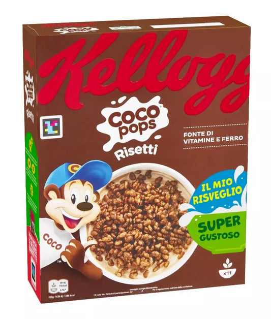 Confezione di cereali Kellogg's Coco Pops Risetti con l'iconica mascotte Coco e una ciotola di cereali, su sfondo neutro