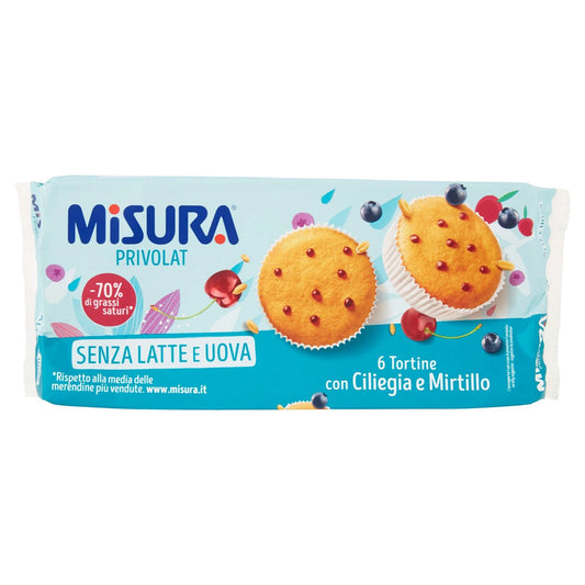 Confezione di 6 Tortine Misura Privolat con ciliegia e mirtillo, mostrate con frutti rossi freschi sparsi attorno su sfondo neutro