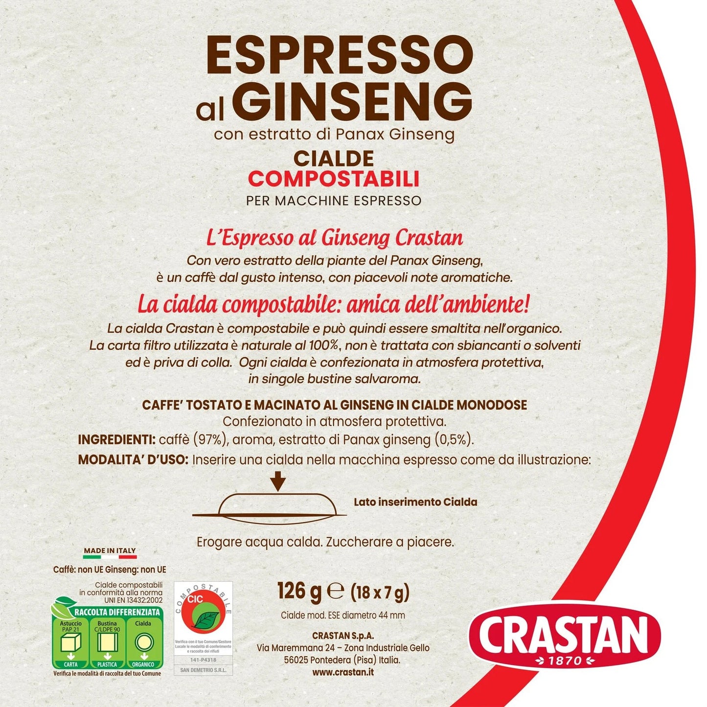 Crastan Espresso al Ginseng in Cialde Compostabili - Confezione da 18 Cialde