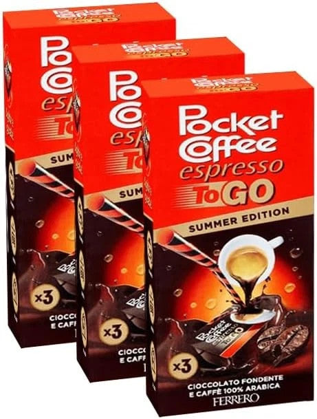 Set di 3 confezioni di Pocket Coffee Espresso To Go Summer Edition su sfondo neutro
