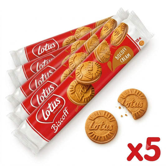 Set di 5 confezioni di biscotti Lotus Biscoff Cream con farcitura interna su sfondo neutro
