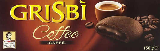 Confezione di biscotti Grisbì al caffè Matilde Vicenzi con biscotto aperto mostrante la crema, su sfondo neutro