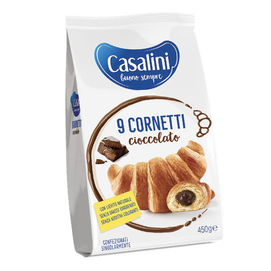 Confezione da 9 cornetti al cioccolato Casalini su sfondo neutro