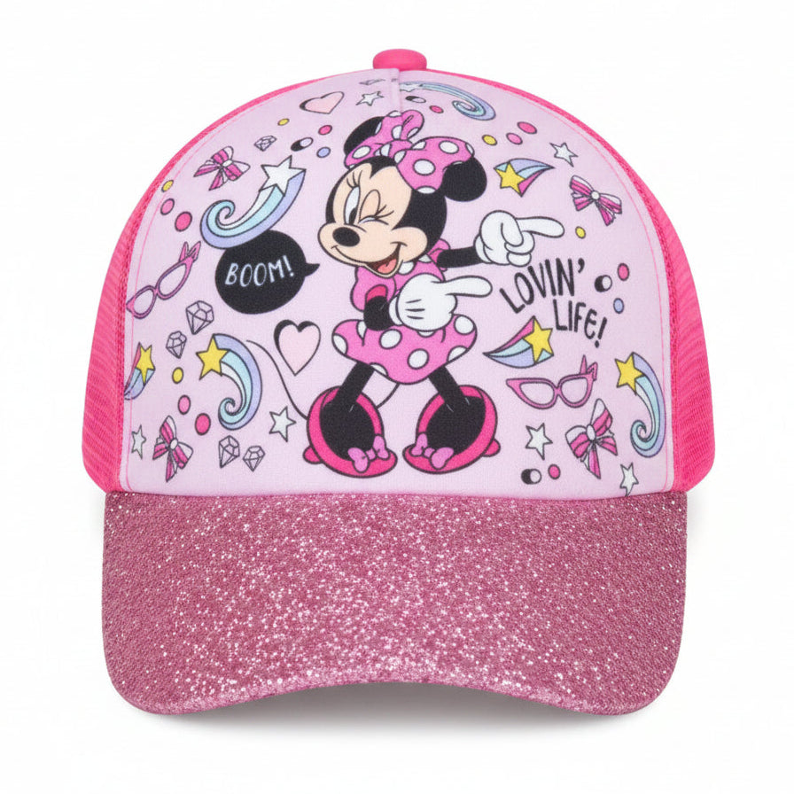 Cappellino con visiera rosa e glitter Disney Minnie Mouse con stampa frontale colorata e pannelli in rete fucsia su sfondo bianco
