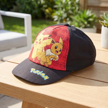 Pokémon - Cappellino 55cm con Visiera Nero e Rosso a Tema Pikachu ed Eevee