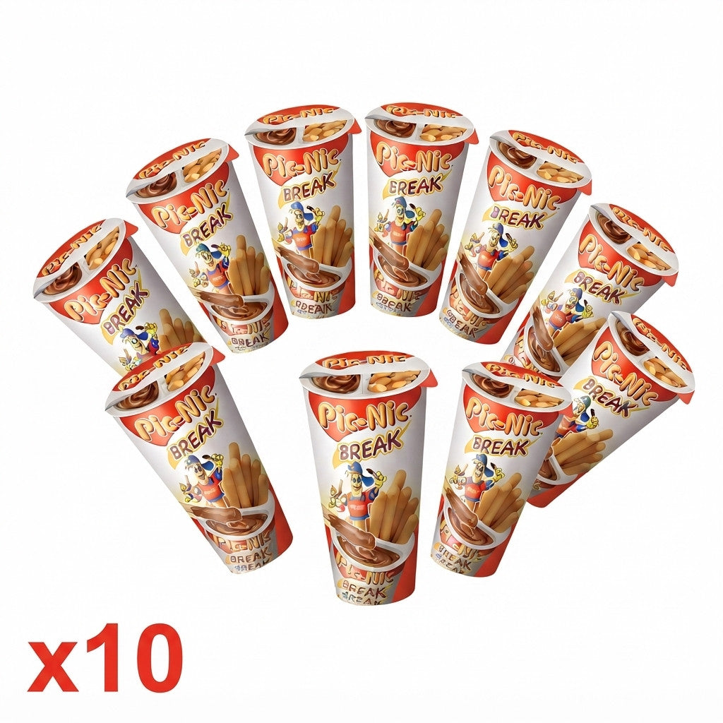 Set di 10 vasetti monoporzione Pic-Nic Break, ciascuno contenente bastoncini di pane e crema al cioccolato, disposti a semicerchio su sfondo bianco