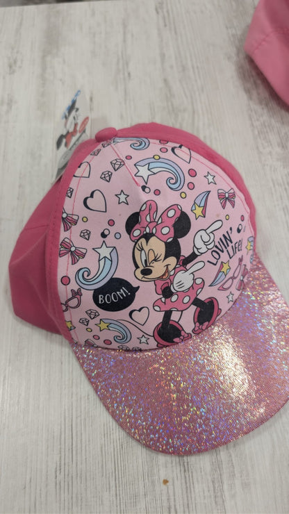 Disney Minnie Mouse - Cappellino 52cm con Visiera Rosa Glitterato e Grafica All-Over