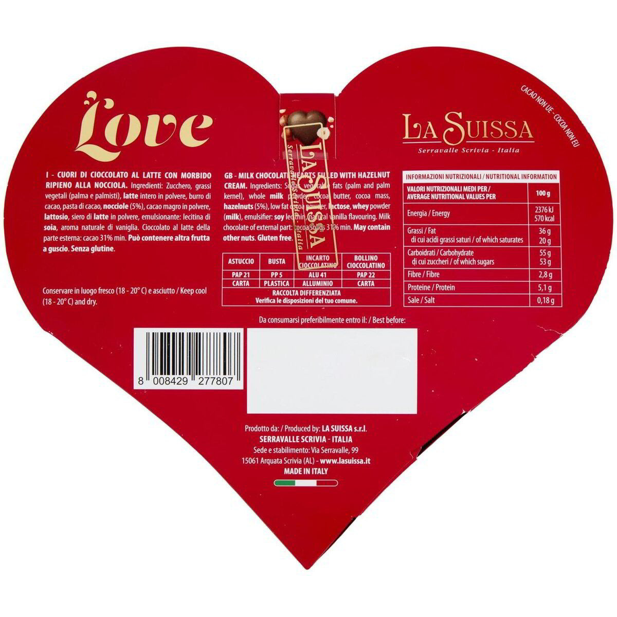 SUISSA Scatola CUORE Love Idea Regalo Cioccolato Latte Cioccolatini Cioccolata