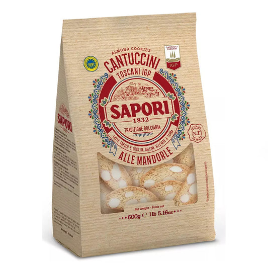 Confezione di Cantuccini Toscani IGP Sapori 1832 alle mandorle, formato 600g, su sfondo neutro