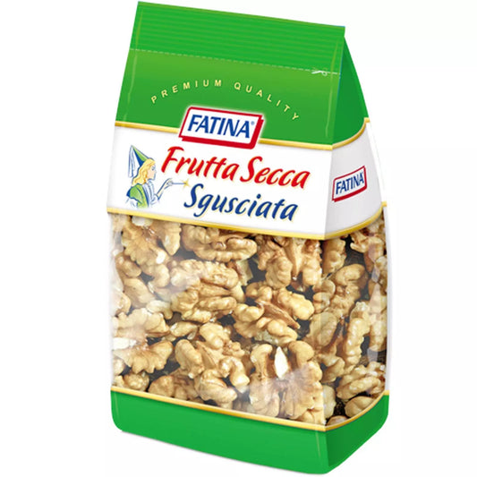 Confezione di noci sgusciate Fatina Premium Quality, mostrata con le noci visibili all'interno del sacchetto trasparente su sfondo neutro