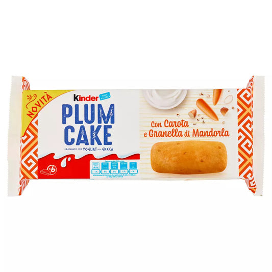 Confezione di Kinder Plumcake con carota e granella di mandorla su sfondo neutro