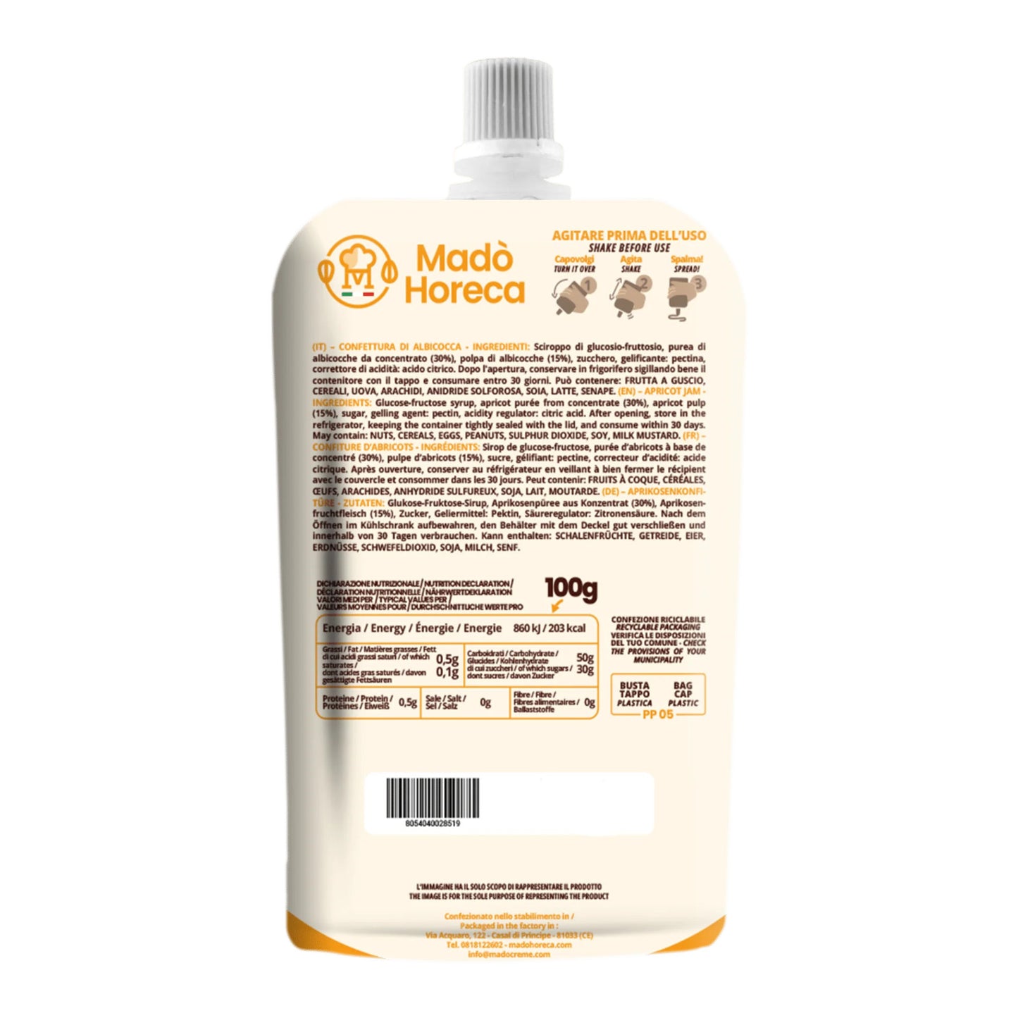 Madò Horeca - Confettura Premium di Albicocca 45% Frutta in Doypack da 700g