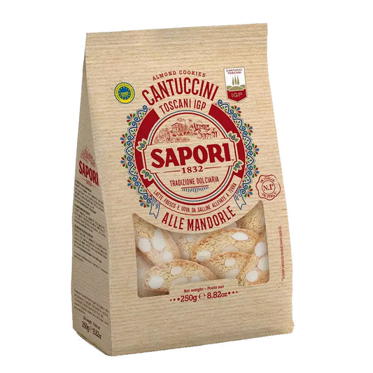 Confezione di Cantuccini Toscani IGP Sapori 1832 alle mandorle, formato 250g, su sfondo neutro