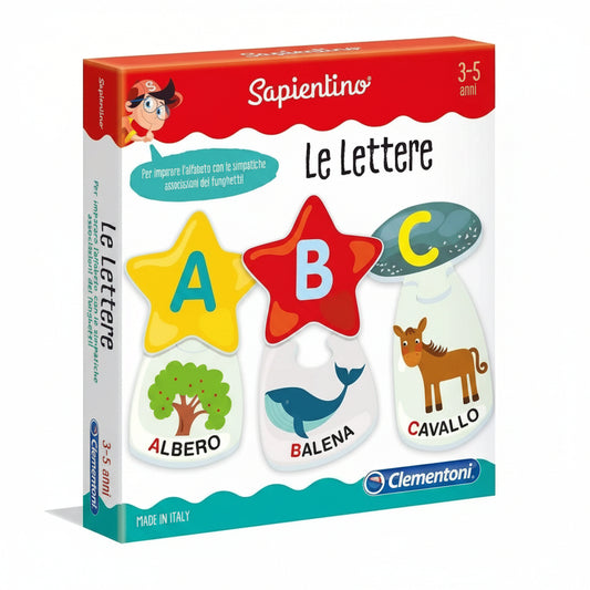 Confezione del gioco educativo Sapientino Le Lettere di Clementoni con tessere a incastro a forma di funghetto per imparare l'alfabeto