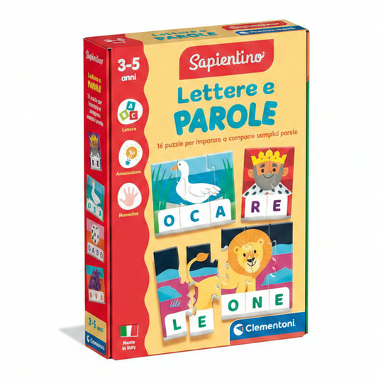 Confezione del gioco educativo Sapientino Lettere e Parole con 16 puzzle marca Clementoni per bambini dai 3 ai 5 anni