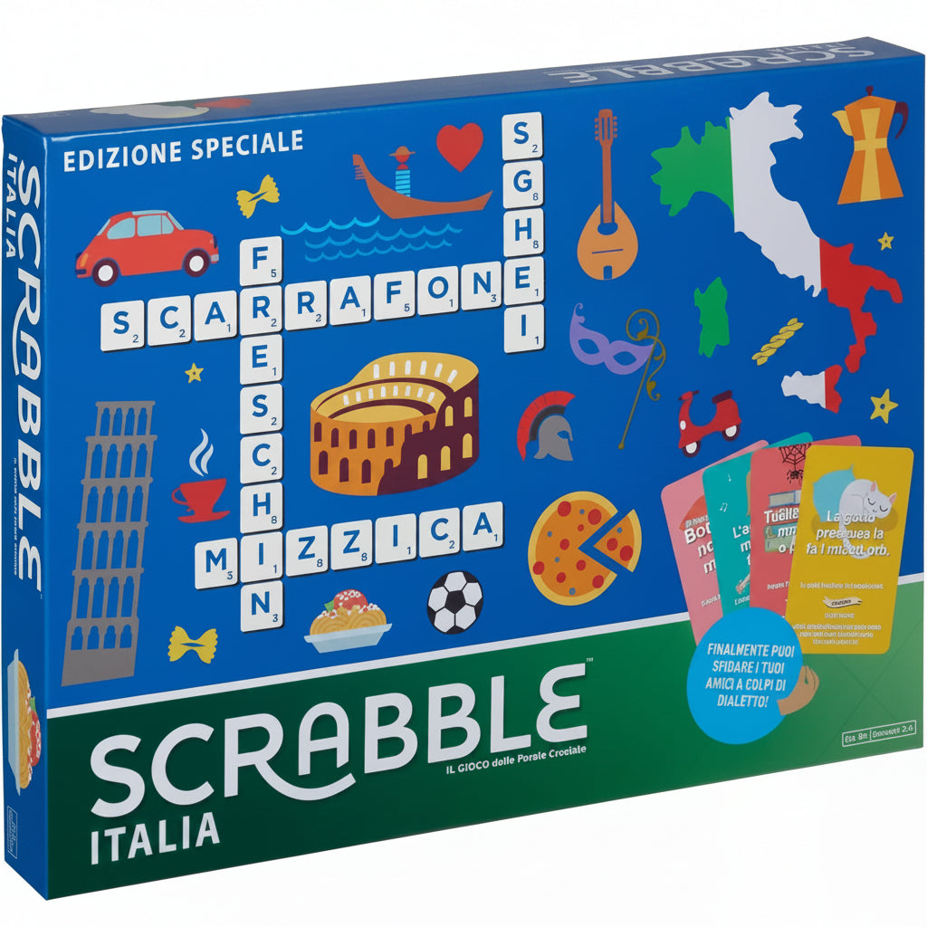 Confezione dell'edizione speciale Scrabble Italia con parole in dialetto e illustrazioni a tema italiano