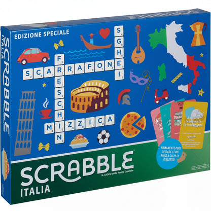 Confezione dell'edizione speciale Scrabble Italia con parole in dialetto e illustrazioni a tema italiano