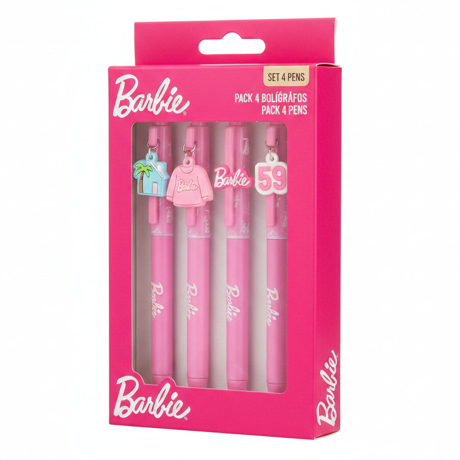 Confezione regalo rosa contenente un set di 4 penne a sfera Barbie con ciondoli pendenti decorativi su sfondo bianco