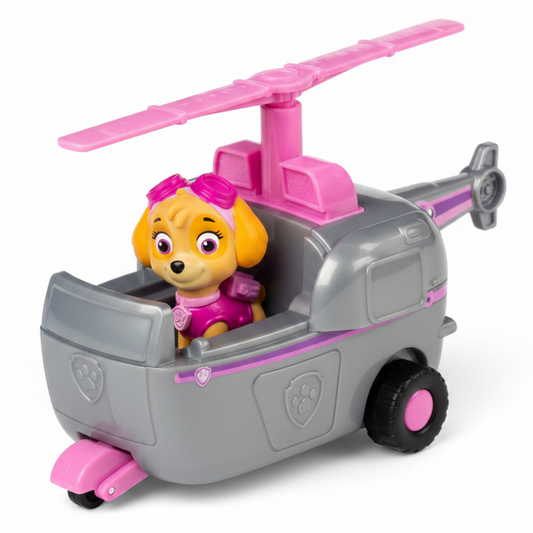 Set giocattolo Paw Patrol Skye Helicopter di Spin Master, con l'elicottero grigio e rosa e la statuetta del cucciolo Skye seduta a bordo