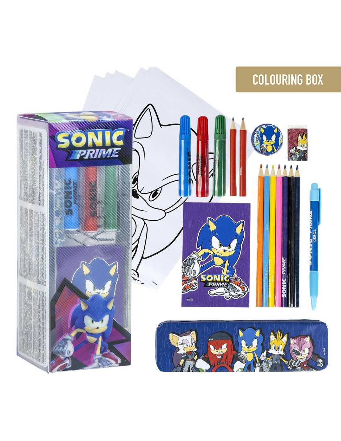 Colouring box set Sonic Prime con astuccio blu, pennarelli, matite colorate, fogli da colorare e accessori assortiti su sfondo bianco