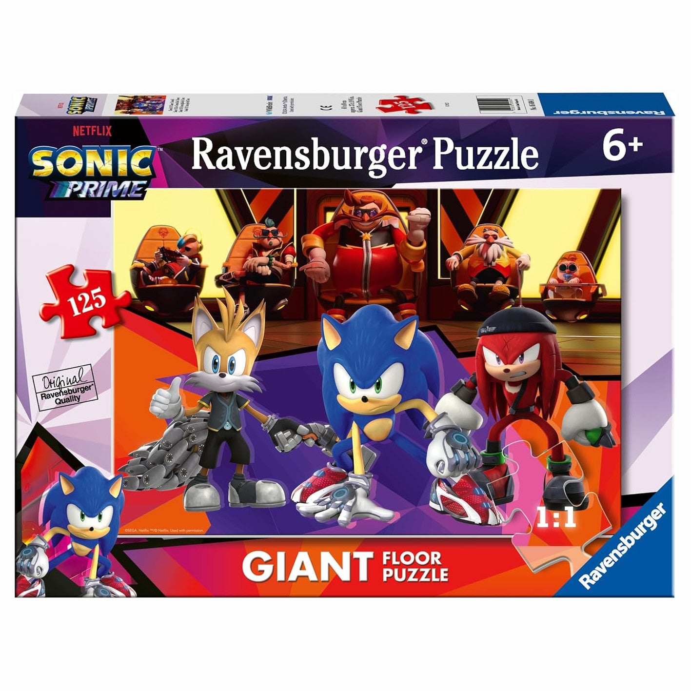 Confezione del Giant Floor Puzzle Sonic Prime da 125 pezzi marca Ravensburger con Sonic, Tails e Knuckles dalla serie TV Netflix
