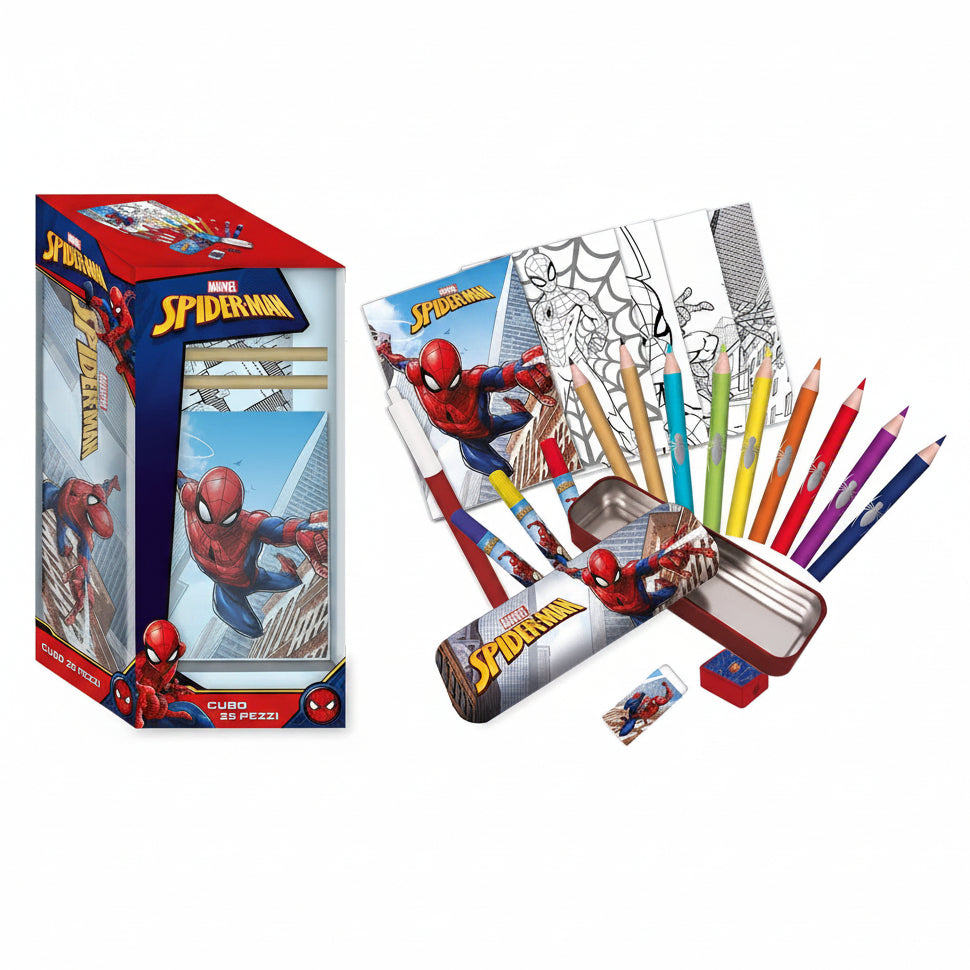 Cubo set cancelleria 25 pezzi Spider-Man con astuccio in metallo, matite colorate, fogli da colorare e confezione decorata su sfondo bianco