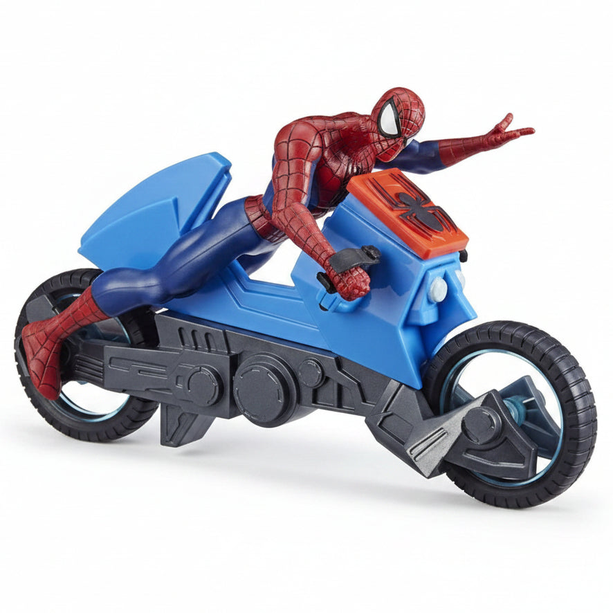 Confezione del set Spider-Man Web Cycle con moto azzurra e action figure marca Hasbro con licenza Marvel