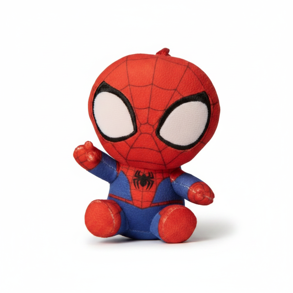 Peluche con gancio di Spider-Man in versione Chibi seduto con grandi occhi bianchi e costume rosso e blu