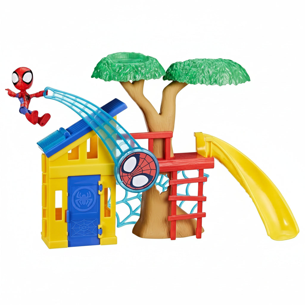Confezione del playset Spidey Playground con scivolo, albero e struttura a tema della serie Spidey and His Amazing Friends marca Hasbro